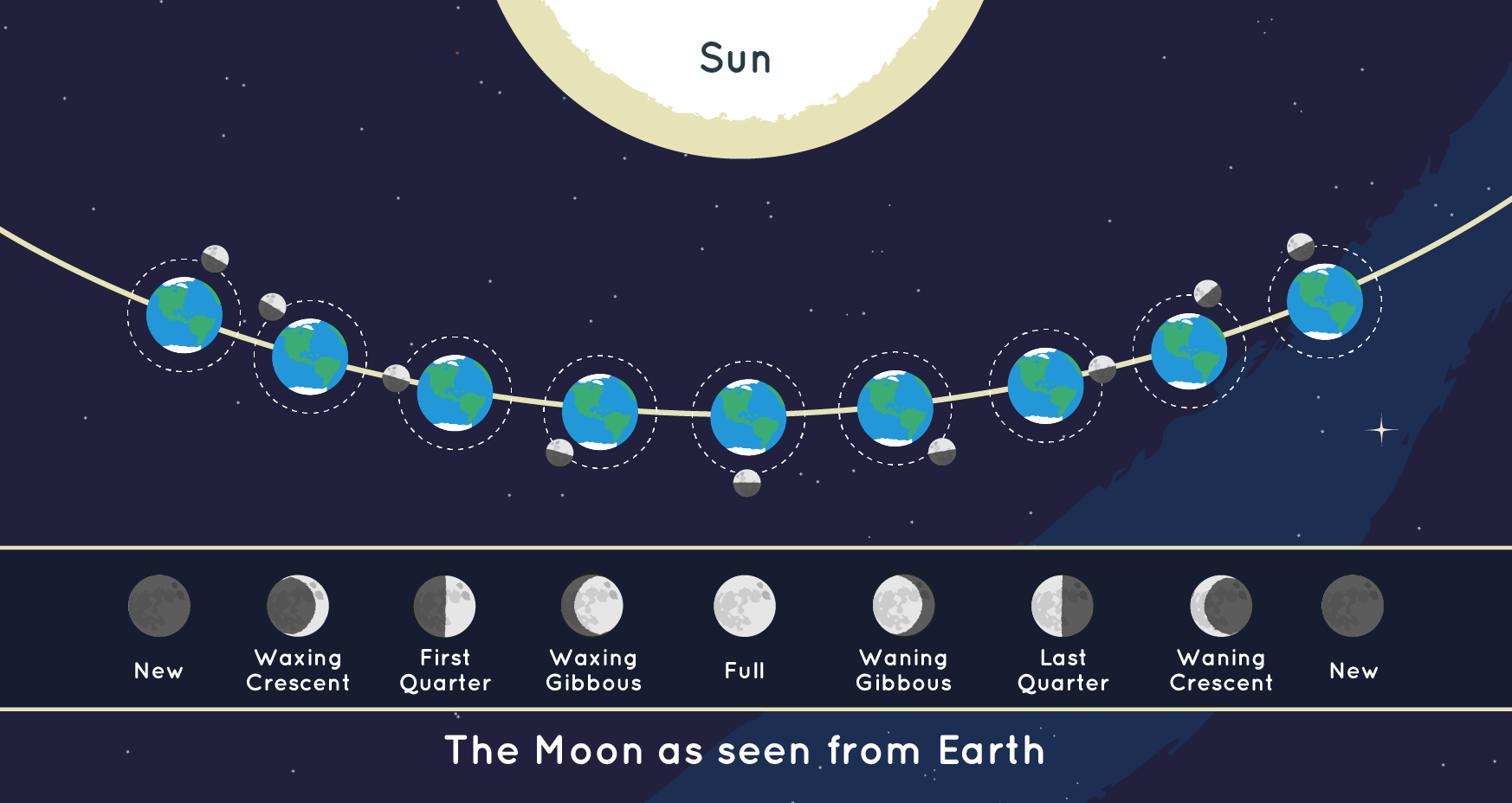 Moon phases diagram explained. Sun, Earth, Moon