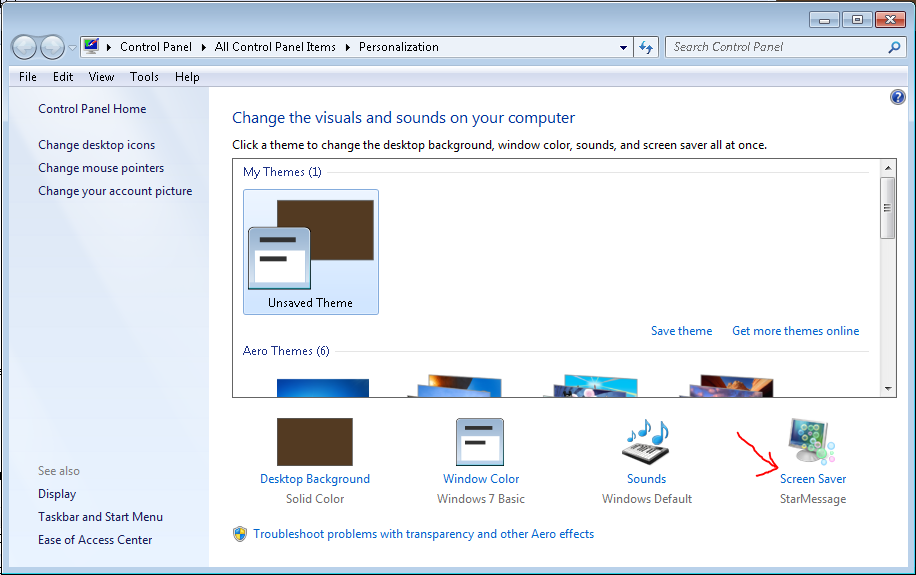 Windows 7 personalisation screen